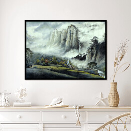 Plakat w ramie Chiński krajobraz - zamglone góry i wodospad