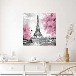 Plakat samoprzylepny Obraz olejny - Paryż w odcieniach czerni, bieli i różu