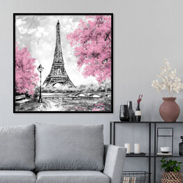 Plakat w ramie Obraz olejny - Paryż w odcieniach czerni, bieli i różu