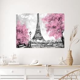 Plakat Obraz olejny - Paryż w odcieniach czerni, bieli i różu