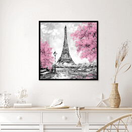 Plakat w ramie Obraz olejny - Paryż w odcieniach czerni, bieli i różu