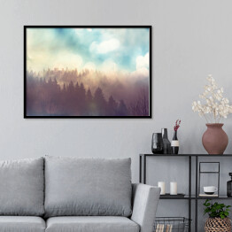 Plakat w ramie Słońce nad lasem we mgle