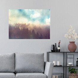 Plakat samoprzylepny Słońce nad lasem we mgle