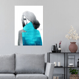 Kobieta w błękitnym płaszczu - akwarela