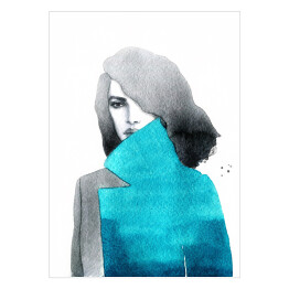 Plakat Kobieta w błękitnym płaszczu - akwarela