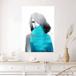 Plakat Kobieta w błękitnym płaszczu - akwarela