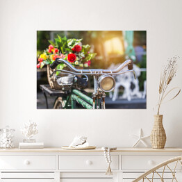 Plakat Rower z bukietem kwiatów w koszyku w stylu vintage 