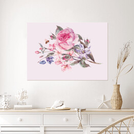 Plakat Akwarela - wiosenny bukiet z kwitnących wiśni i róż na jasnym tle