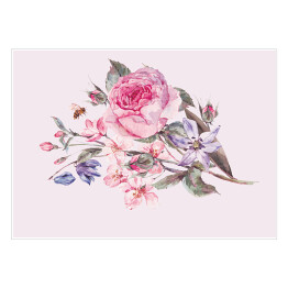 Plakat Akwarela - wiosenny bukiet z kwitnących wiśni i róż na jasnym tle