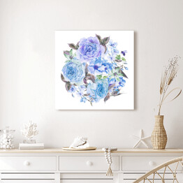 Akwarela - wiosenny bukiet z kwitnących wiśni i niebieskich róż