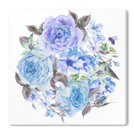 Akwarela - wiosenny bukiet z kwitnących wiśni i niebieskich róż