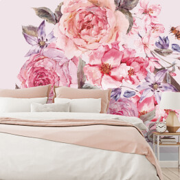 Akwarela - wiosenny bukiet z kwitnących wiśni i różowych róż