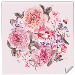 Fototapeta samoprzylepna Akwarela - wiosenny bukiet z kwitnących wiśni i różowych róż