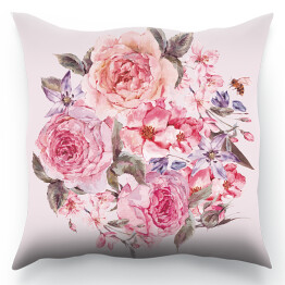 Poduszka Akwarela - wiosenny bukiet z kwitnących wiśni i różowych róż