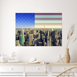 Plakat Panorama Nowego Jorku z amerykańską flagą w tle