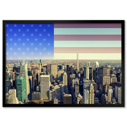 Plakat w ramie Panorama Nowego Jorku z amerykańską flagą w tle
