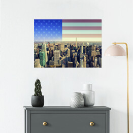 Plakat samoprzylepny Panorama Nowego Jorku z amerykańską flagą w tle