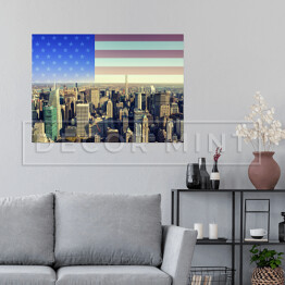 Plakat samoprzylepny Panorama Nowego Jorku z amerykańską flagą w tle
