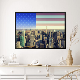 Obraz w ramie Panorama Nowego Jorku z amerykańską flagą w tle