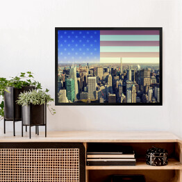 Obraz w ramie Panorama Nowego Jorku z amerykańską flagą w tle