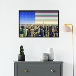 Plakat w ramie Panorama Nowego Jorku z amerykańską flagą w tle