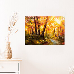 Plakat samoprzylepny Jesienny las blisko rzeki w pomarańczowych barwach
