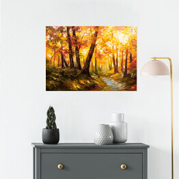 Plakat Jesienny las blisko rzeki w pomarańczowych barwach