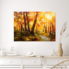 Plakat Jesienny las blisko rzeki w pomarańczowych barwach