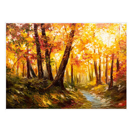Plakat samoprzylepny Jesienny las blisko rzeki w pomarańczowych barwach