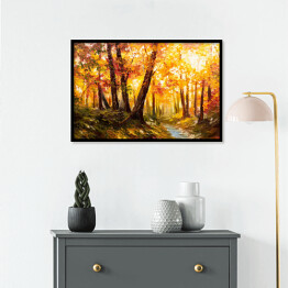 Plakat w ramie Jesienny las blisko rzeki w pomarańczowych barwach