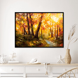 Plakat w ramie Jesienny las blisko rzeki w pomarańczowych barwach