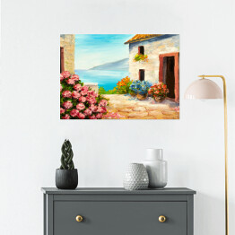 Plakat samoprzylepny Obraz olejny - dom blisko morza latem