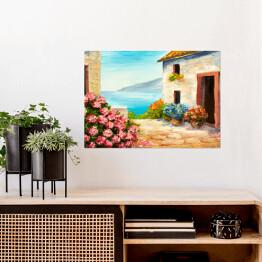 Plakat samoprzylepny Obraz olejny - dom blisko morza latem