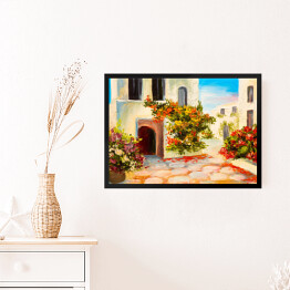 Obraz w ramie Obraz olejny - dom ozdobiony kwiatami - letni krajobraz