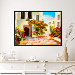 Obraz w ramie Obraz olejny - dom ozdobiony kwiatami - letni krajobraz