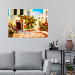 Plakat samoprzylepny Obraz olejny - dom ozdobiony kwiatami - letni krajobraz