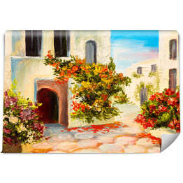 Obraz olejny - dom ozdobiony kwiatami - letni krajobraz