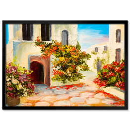 Plakat w ramie Obraz olejny - dom ozdobiony kwiatami - letni krajobraz