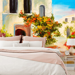 Fototapeta winylowa zmywalna Obraz olejny - dom ozdobiony kwiatami - letni krajobraz