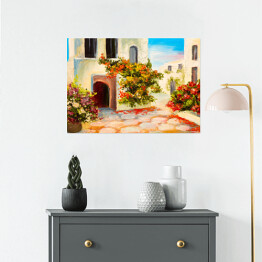 Plakat samoprzylepny Obraz olejny - dom ozdobiony kwiatami - letni krajobraz