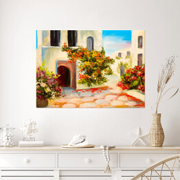 Plakat Obraz olejny - dom ozdobiony kwiatami - letni krajobraz