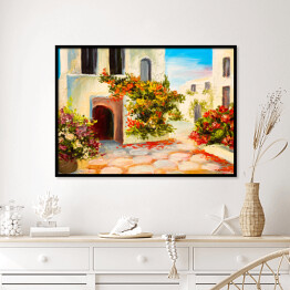 Plakat w ramie Obraz olejny - dom ozdobiony kwiatami - letni krajobraz