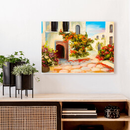 Obraz na płótnie Obraz olejny - dom ozdobiony kwiatami - letni krajobraz