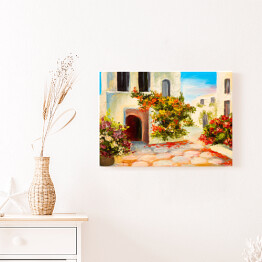 Obraz na płótnie Obraz olejny - dom ozdobiony kwiatami - letni krajobraz