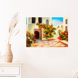 Plakat Obraz olejny - dom ozdobiony kwiatami - letni krajobraz