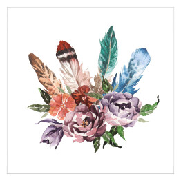 Plakat samoprzylepny Bukiety kwiatów w stylu boho na białym tle - wiosenne kwiaty i piórka 