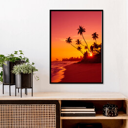 Plakat w ramie Zachód słońca na tropikalnej plaży z palmami w ciepłych barwach