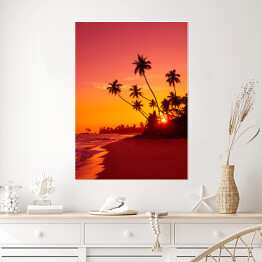 Plakat samoprzylepny Zachód słońca na tropikalnej plaży z palmami w ciepłych barwach