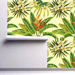 Tapeta samoprzylepna w rolce Biało żółte kwiaty i rozłożyste liście na kremowym tle