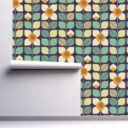 Tapeta w rolce Geometryczny retro wzór z liści i żółto kremowych kwiatów na ciemnym tle